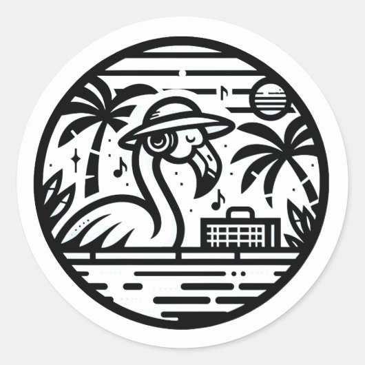 Sticker Rond Casques de Flamant rose noir et blanc & Tropiques (Devant)