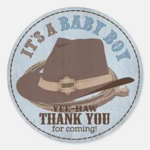 Sticker Rond Casquette Cowboy et corde Baby shower occidental