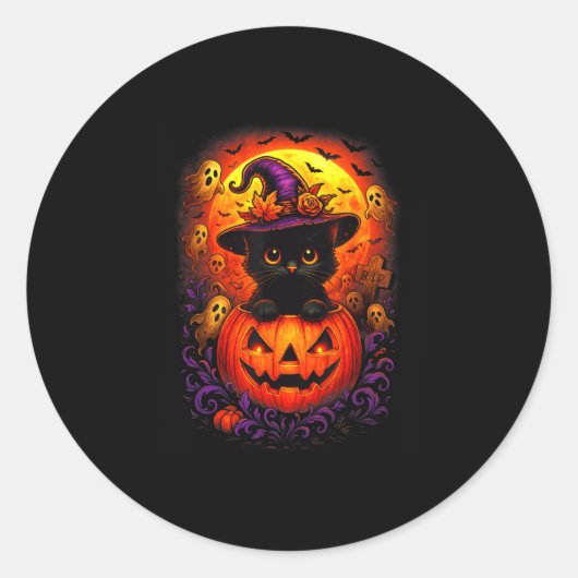 Sticker Rond Casquette de chats noirs Citrouille Drôle Hallowee (Devant)