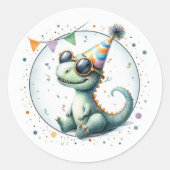 Sticker Rond Casquette de fête mignonne Dinosaur Anniversaire F (Devant)