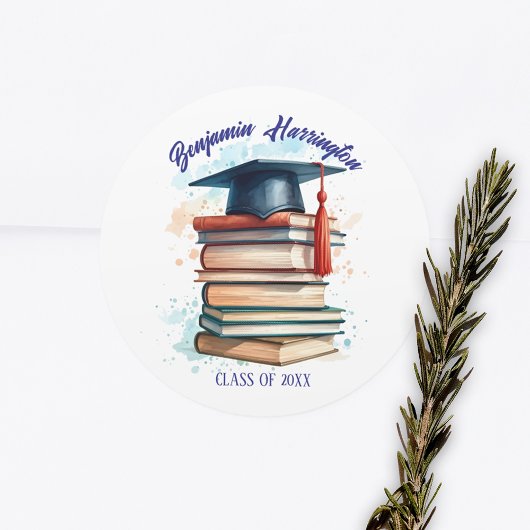 Sticker Rond Casquette de graduation d'aquarelle avec pile de l