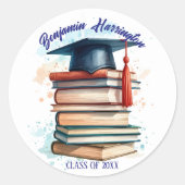 Sticker Rond Casquette de graduation d'aquarelle avec pile de l (Devant)