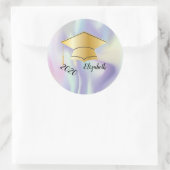 Sticker Rond Casquette de graduation dorée, Nom, holographique (Sac)