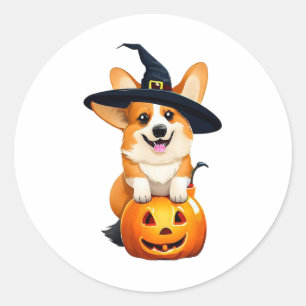Sticker Rond Casquette de sorcière Halloween Corgi