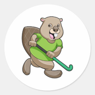 Sticker Rond Castor au hockey avec une batte de hockey