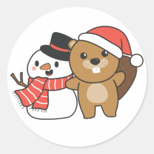 Sticker Rond Castor Avec Snowman En Hiver À Noël Classique