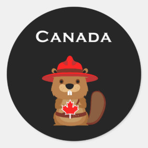 Sticker Rond Castor Canada mignon avec feuille d'érable couleur