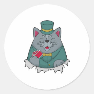 Sticker Rond Cat at Poker avec cartes de Poker