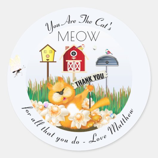 Sticker Rond Cat Birds Garden Merci (Devant)