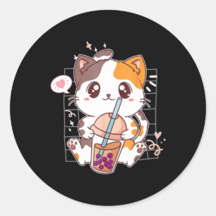 Sticker Rond Cat Boba Tea Bubble Tea Kawaii Anime Japanese Neko