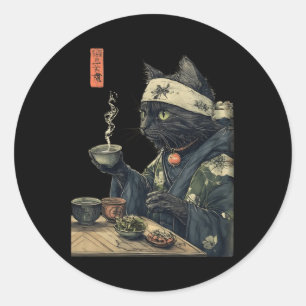 Sticker Rond Cat Boire Thé Japonais Cérémonie Thé Art Imprimer