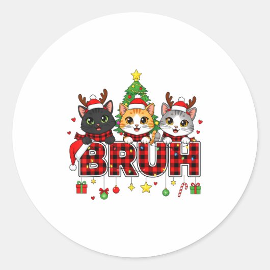 Sticker Rond Cat Christmas Light Reindeer Santa Bruh Funny  (Devant)