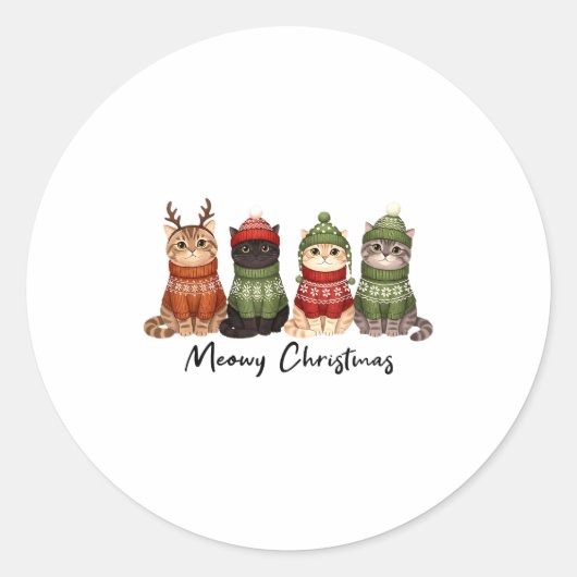 Sticker Rond Cat Christmas Light Reindeer Santa Meowy Christmas (Devant)