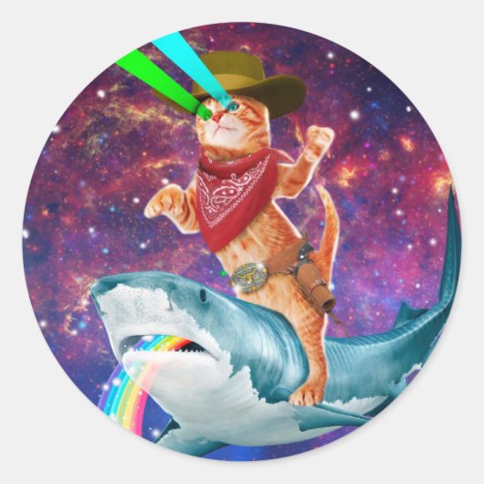 Sticker Rond Cat Cowboy chevauchant un requin crachant un arc-e (Devant)