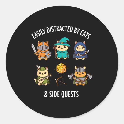 Sticker Rond Cat Easily Distracted By Cat & Side Quests Rpg (Devant)