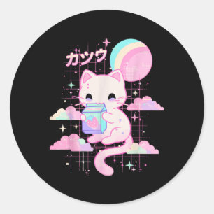 Sticker Rond Cat fraise Lait Anime 90s Japonais Chat Japon