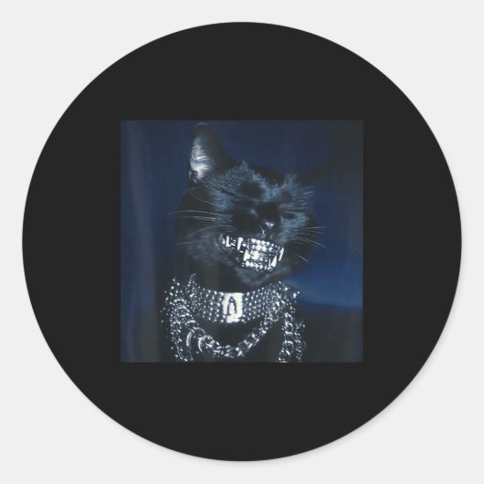 Sticker Rond Cat Grillz Funny Kitten Meme Cat Smiling Brain Rot (Devant)