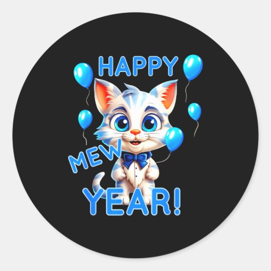 Sticker Rond Cat Happy New Year Mew Year Funny New Years Party (Devant)