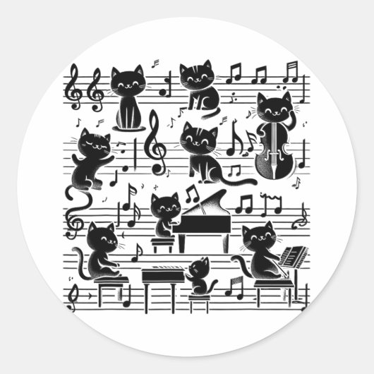 Sticker Rond Cat Kitty Jouer Musique Note Musicien Cat (Devant)