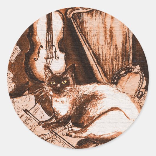 Sticker Rond CAT MUSICAL, Brown et blanc (Devant)