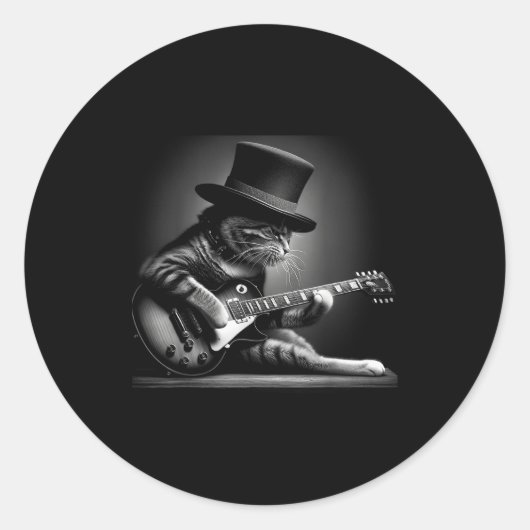 Sticker Rond Cat Playing Guitar - Funny Rock Music Guitar Cat F (Devant)
