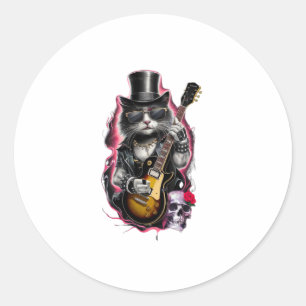 Sticker Rond Cat Playing Guitar Rock & Roll 80s 90s Rock Band C