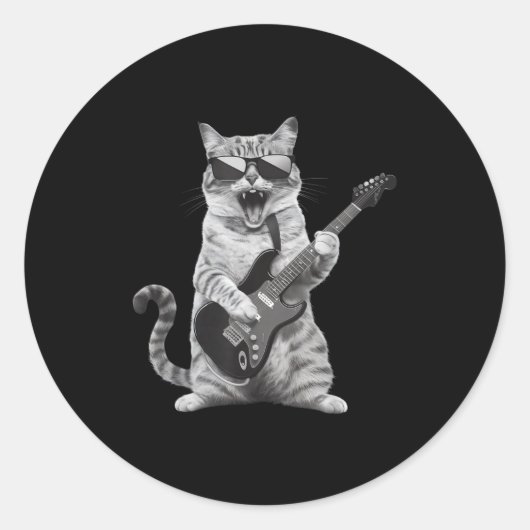 Sticker Rond Cat Playing Guitar Rock Star Rock And Roll Men Wom (Devant)