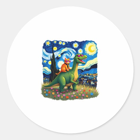 Sticker Rond Cat Riding Dinosaur T-Rex Starry Night Cat Lover ( (Devant)