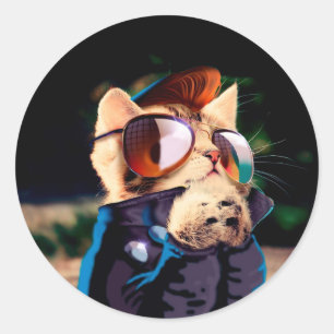 Sticker Rond Cat rocker habillé en veste de cuir