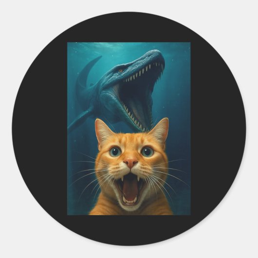 Sticker Rond Cat Selfie With Mosasaurus Dinosaur For Boys Kids  (Devant)
