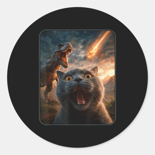 Sticker Rond Cat Selfie With T-rex Dinosaur Funny Cat T Rex Shi (Devant)