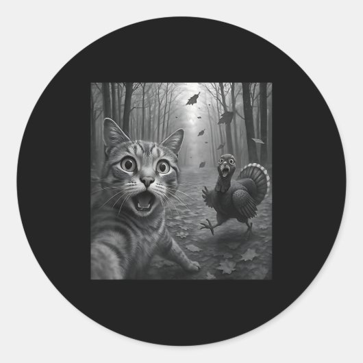 Sticker Rond Cat Selfie With Turkey Funny Happy Thanksgiving Da (Devant)