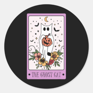 Sticker Rond Cat Tarot Card Ghost Halloween Citrouille Chat Lov