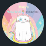 Sticker Rond Caticorn Cat Meow-Gical Birthday Kid<br><div class="desc">Magical Caticorn meow-gical Birthday line pour filles à tout âge. Cute,  arc-en-ciel pastel avec la licorne du chat et les étoiles. D'autres fournitures de partie sont également disponibles. Tous modifiables !</div>