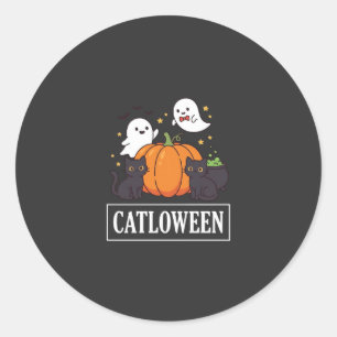 Sticker Rond Catloween Drôle Chat Halloween Fantôme Citrouille