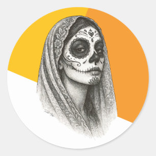 Sticker Rond Catrina mexicaine avec Rose et Veil Dia de muertos