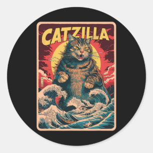 Sticker Rond Catzilla Art Japonais Drôle Chat Vintage Graphisme