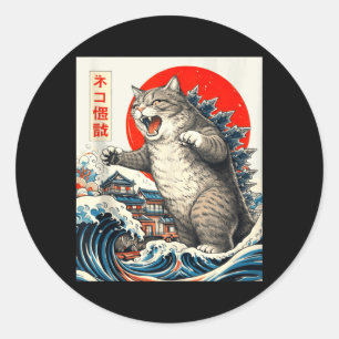 Sticker Rond Catzilla Chat Art Japonais Graphique de Chat Drôle