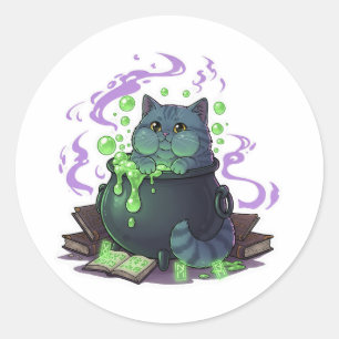Sticker Rond Cauldron Brit - British Shorthair Cat Halloween