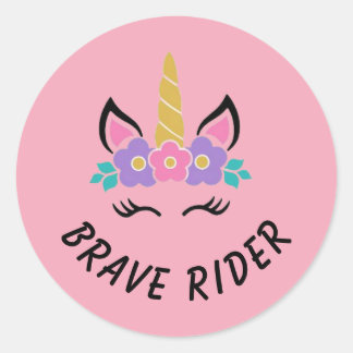 Sticker Rond Cavalier Brave Licorne Rose