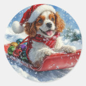Sticker Rond Cavalier King Charles Spaniel Chien Sledge Noël (Devant)