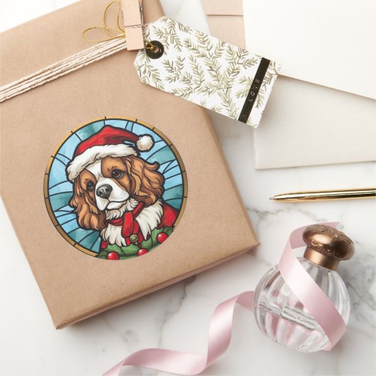 Sticker Rond Cavalier King Charles Spaniel Verre Noël (Cadeaux)