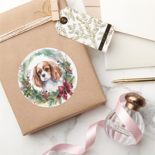 Sticker Rond Cavalier King Christmas Wreath Festive Pup (Cadeaux)
