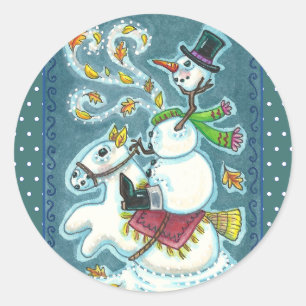 STICKER ROND CAVALIER SANS TÊTE BONHOMME DE NEIGE, HUMOUR NOËL
