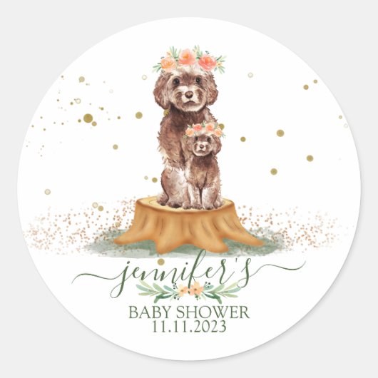 Sticker Rond Cavapoo marron avec couronne florale Baby Shower (Devant)