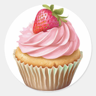 Sticker Rond Ccupcake à la crème rose avec baies anniversaire