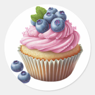 Sticker Rond Ccupcake à la crème rose avec baies anniversaire