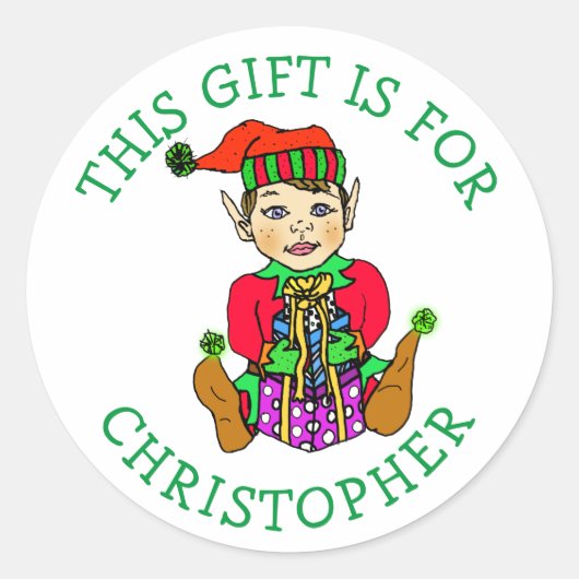 Sticker Rond Ce cadeau est pour, petit elfe avec cadeau (Devant)