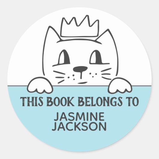 Sticker Rond Ce livre appartient à chat mignon avec couronne bl (Devant)