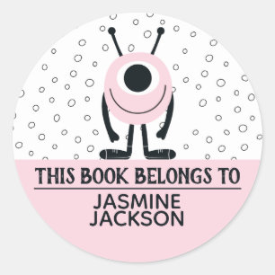 Sticker Rond Ce livre appartient à mignon monstre amusant rose 
